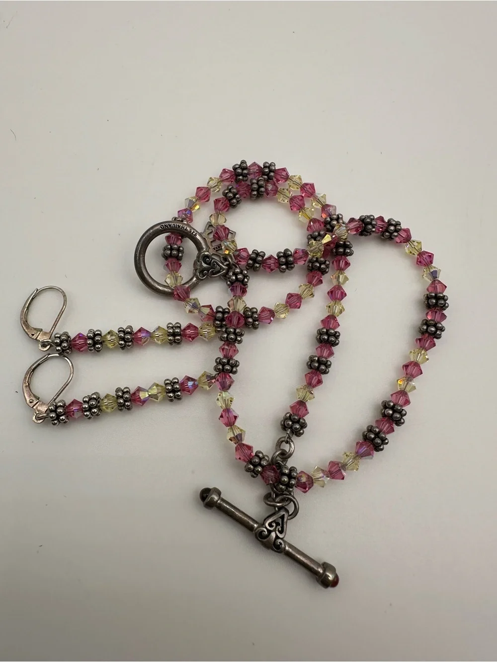 925 Thailand Sterling Silver Pink Beaded Necklace and Earrings Set Approx 15”